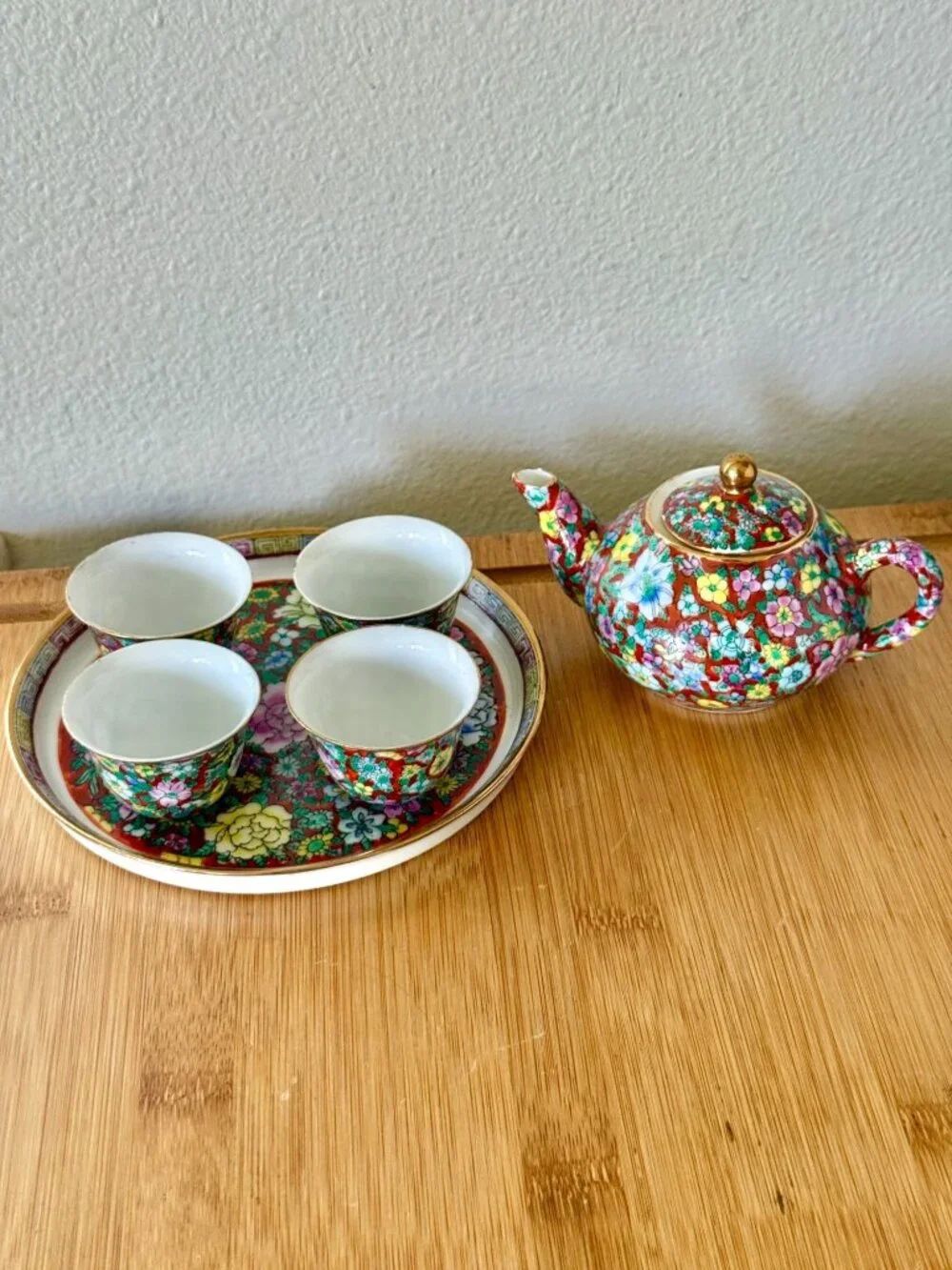 Vintage Early Century Chinese Porcelain Miniature Tea Set In Mille Fleur Floral